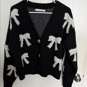 Altar'd State Black Cardigan with Cream Bow Accents